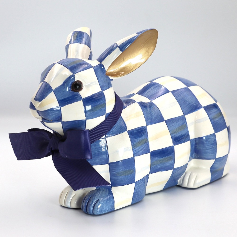 MacKenzie-Childs Royal Check Resting Bunny Figurine Gold Blue White Bow Easter
